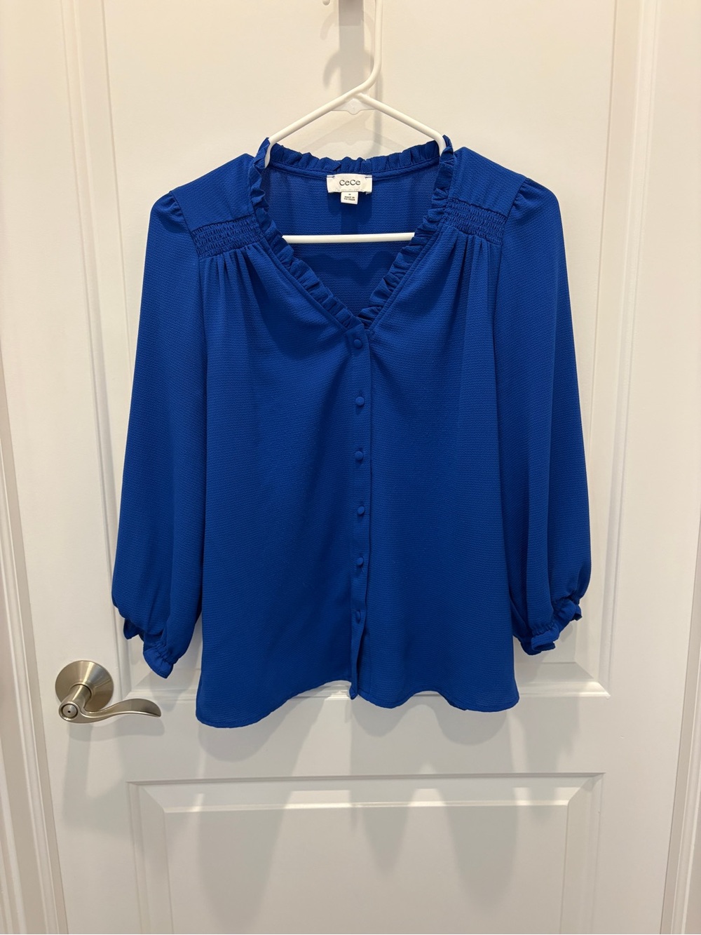 CeCe Royal Blue Ruffle V-Neck Button Front Blouse